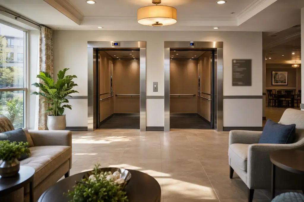 ADA-compliant elevator lobby in a senior living facility showing wide cab doors, three-wall handrails, and accessible low-mounted control panel meeting senior living elevator requirements