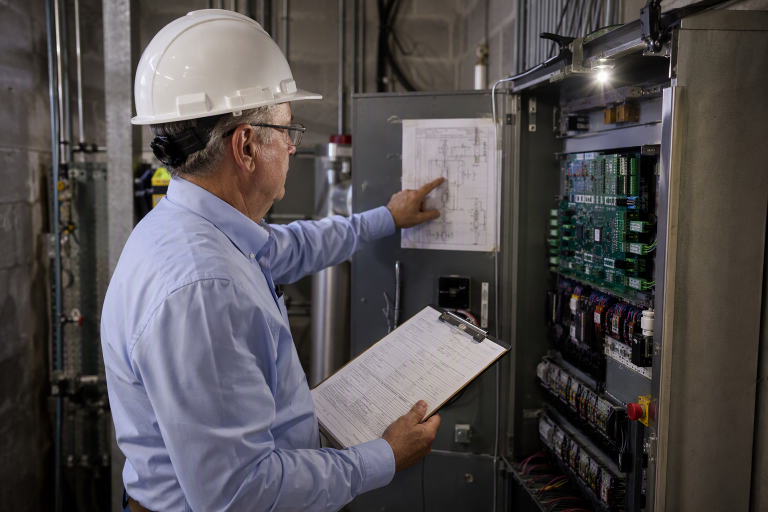Elevator compliance inspector reviewing ASME A17.1 and ADA code documentation in a senior living facility machine room in the mid-Atlantic region