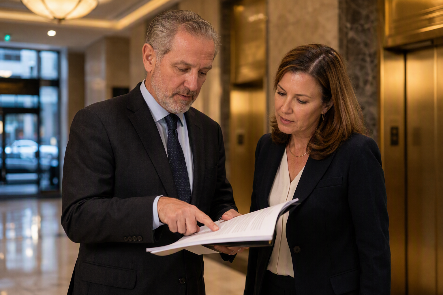 Real estate attorney and building owner reviewing elevator contract assignment clause in a Washington DC commercial building lobby with elevator doors visible behind them.