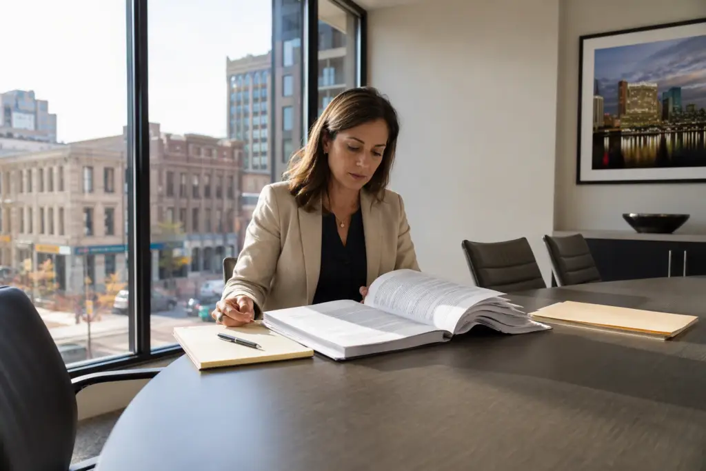 Property manager reviewing an elevator maintenance contract at a conference table during a building management transition in a Baltimore commercial office.