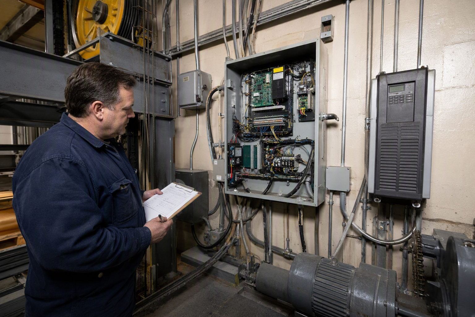 Elevator technician reviewing machine room controller and inspection checklist during a building management transition compliance review in Philadelphia.