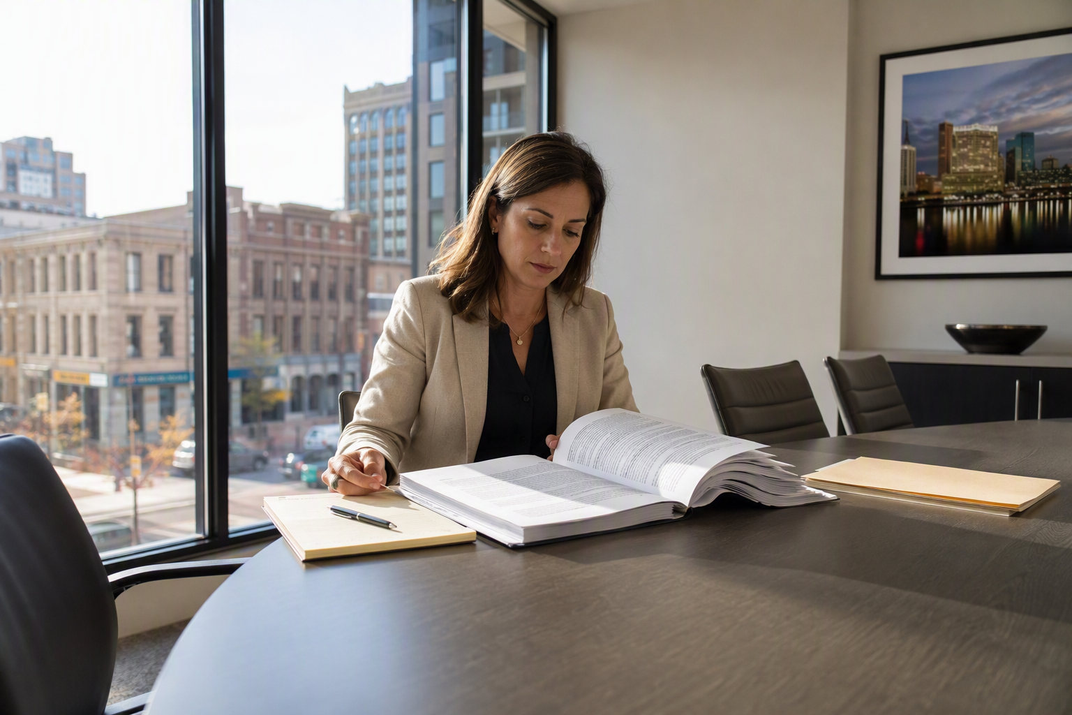 Property manager reviewing an elevator maintenance contract at a conference table during a building management transition in a Baltimore commercial office.