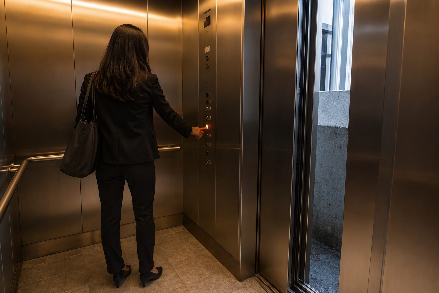 Elevator Entrapment: Using the Emergency Call Button Passenger pressing the emergency call button inside a stalled elevator cab during an entrapment, with the door gap visible above the landing level in a Washington DC office building.