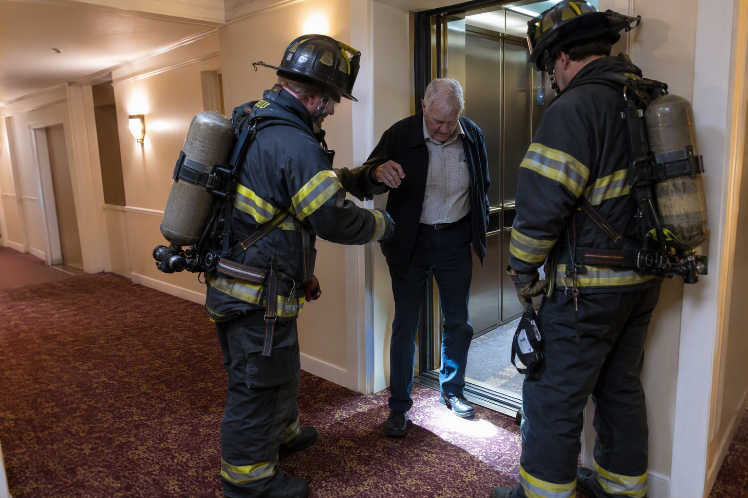 Safe Passenger Egress After Elevator Rescue Firefighters assisting a passenger safely exiting a rescued elevator cab at a residential building landing in Richmond VA after a successful entrapment rescue procedure.