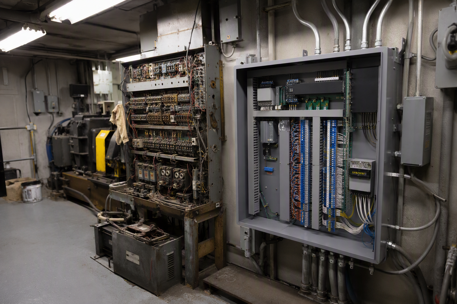 Old vs. New Elevator Controller Replacement Elevator machine room showing old relay-logic controller being replaced by a new digital solid-state controller during an elevator modernization project phase in a mid-century commercial building
