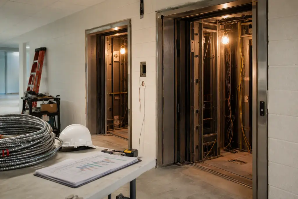 Baltimore office building elevator lobby mid-modernization showing open hoistway, new wiring harnesses, and project materials on a work table during an active modernization project