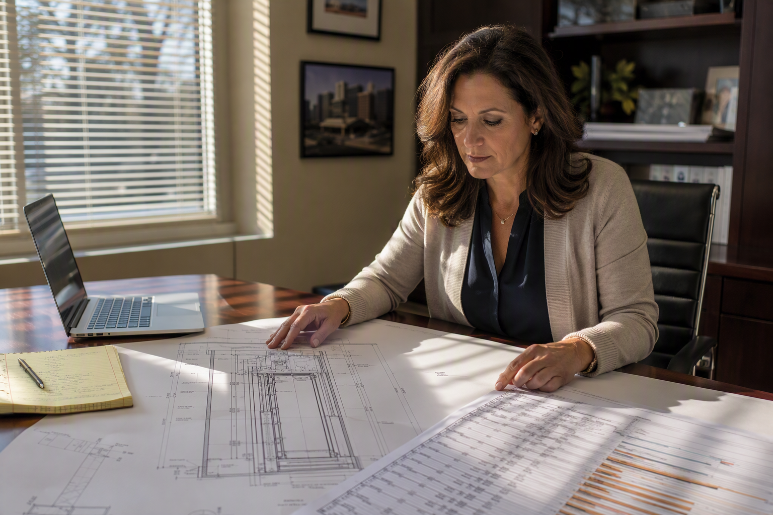 Building Manager Planning Modernization Downtime Building manager reviewing elevator modernization project schedule and hoistway drawings at a conference table, planning for elevator downtime and tenant communication during the project