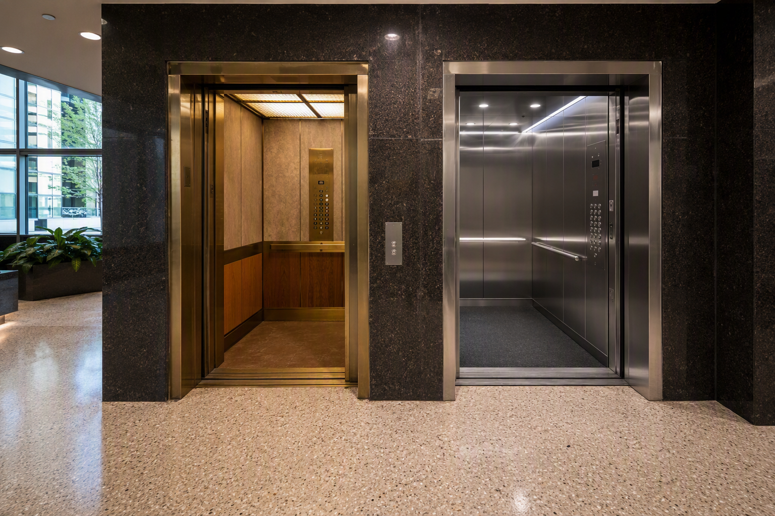 Elevator Modernization vs. Full Replacement: Side-by-Side Side-by-side comparison of an older elevator cab and a modernized elevator cab in a Baltimore commercial office building lobby, illustrating modernization vs full replacement.