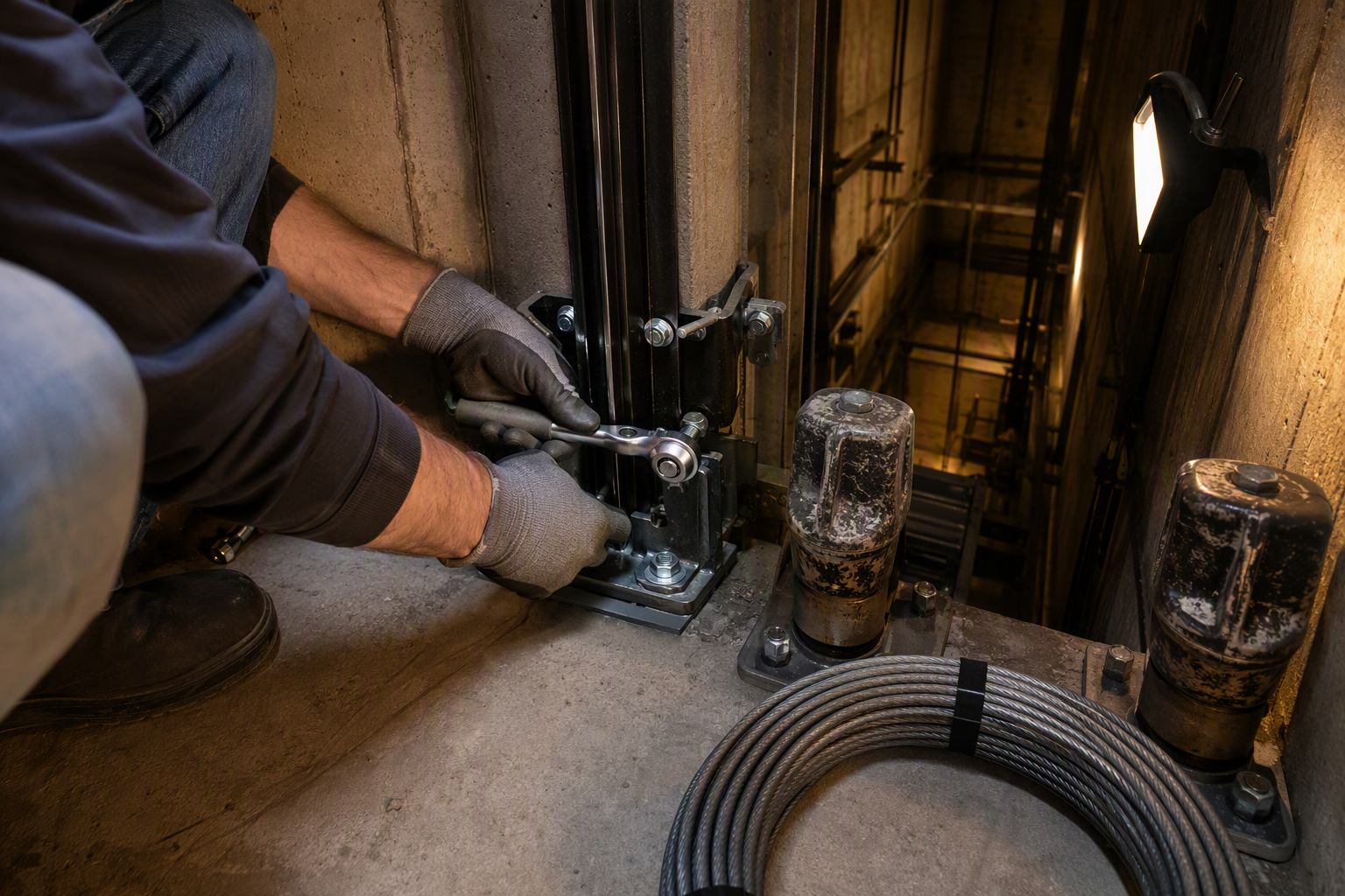 Full Replacement: New Hardware Installation in the Hoistway Pit Elevator technician installing new guide rail hardware during a full elevator replacement project inside a Philadelphia residential building hoistway pit.