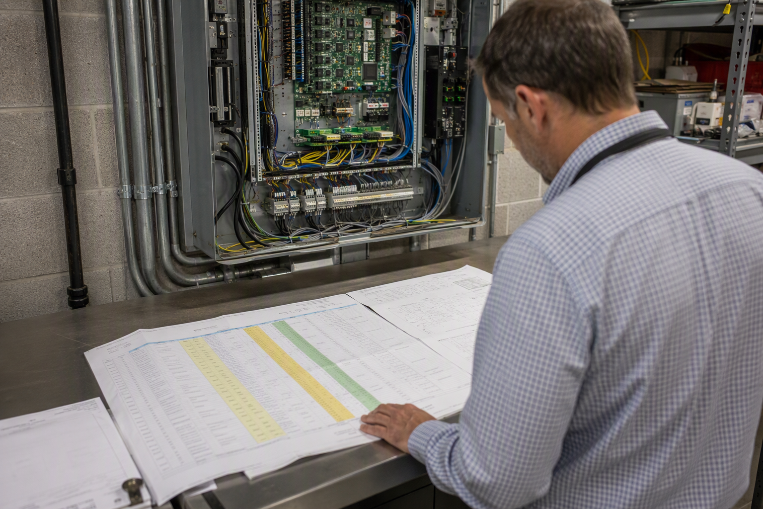 Comparing Elevator Project Costs in the Machine Room Facilities manager reviewing elevator modernization and full replacement cost comparison bid documents in a Washington DC building machine room with controller panel visible.