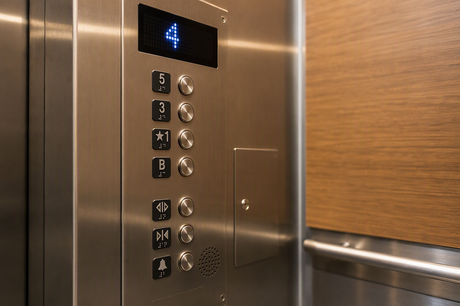 ADA-Compliant Elevator Control Panel Detail ADA-compliant elevator control panel showing Braille buttons at required heights, visual floor indicator, and emergency communication grille inside a Baltimore commercial building cab.