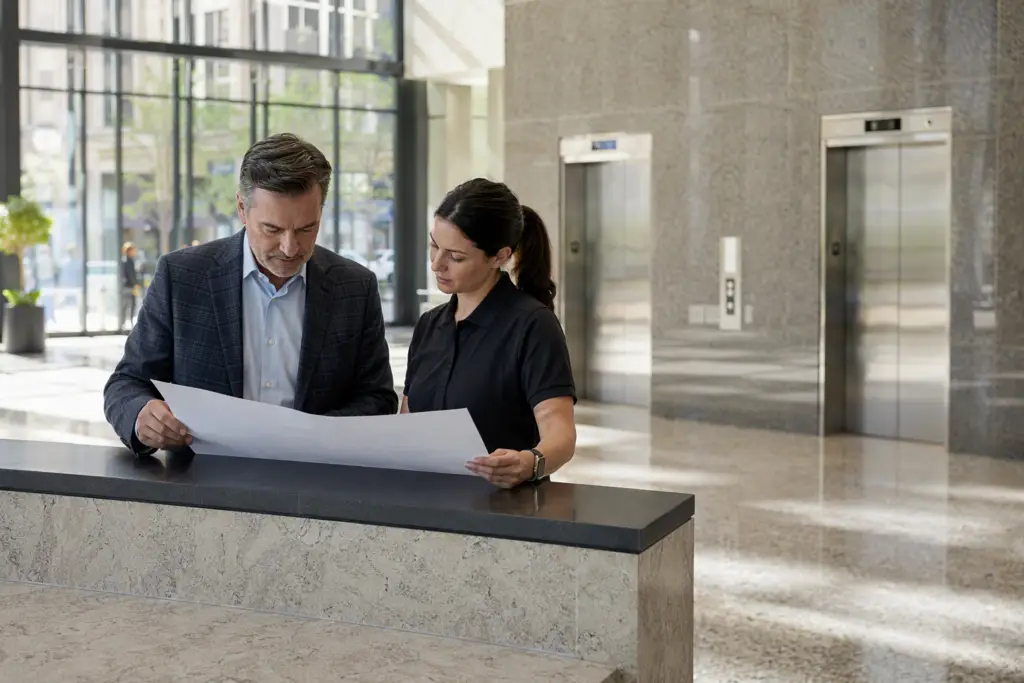 Building manager and elevator contractor reviewing ADA elevator compliance documents in a Washington DC commercial lobby with stainless steel elevator doors visible in background.
