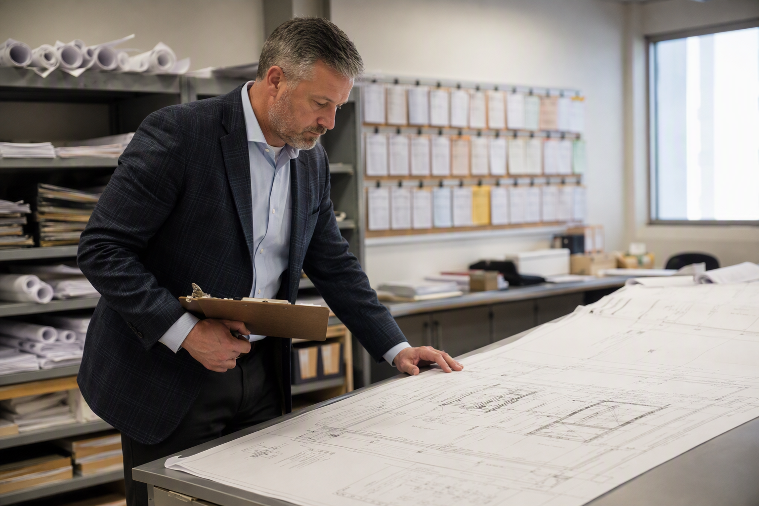 Elevator Inspector Reviewing ADA Compliance Drawings Certified elevator inspector reviewing ADA compliance drawings at a Philadelphia municipal building department office, a required step for buildings navigating ADA elevator requirements.