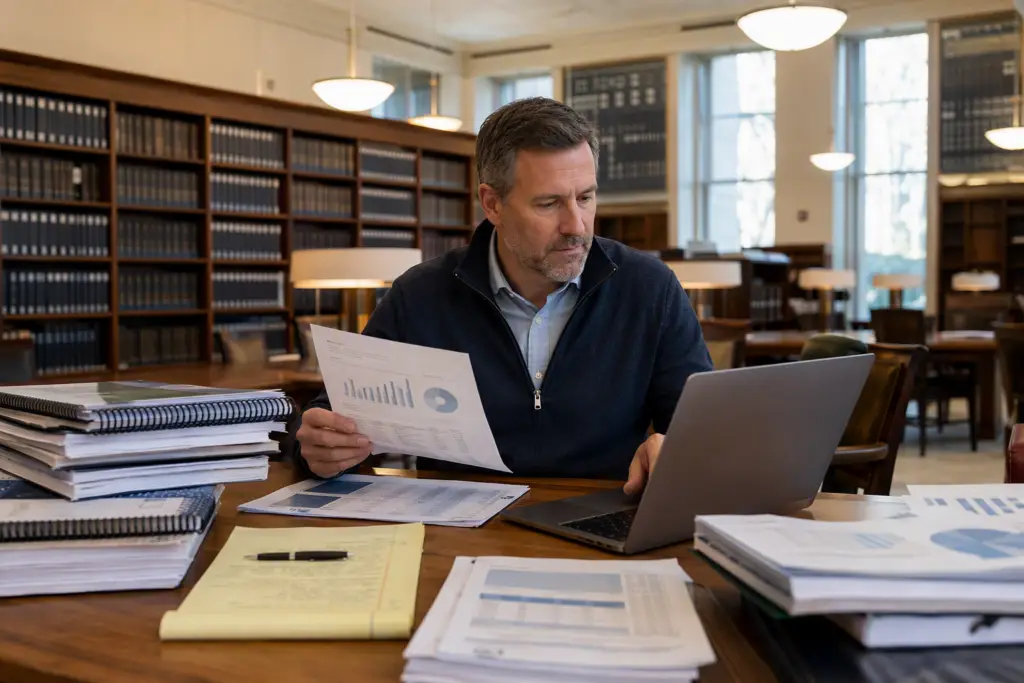 Facility manager reviewing elevator industry statistics 2025 publications at a desk in a Washington DC trade association office