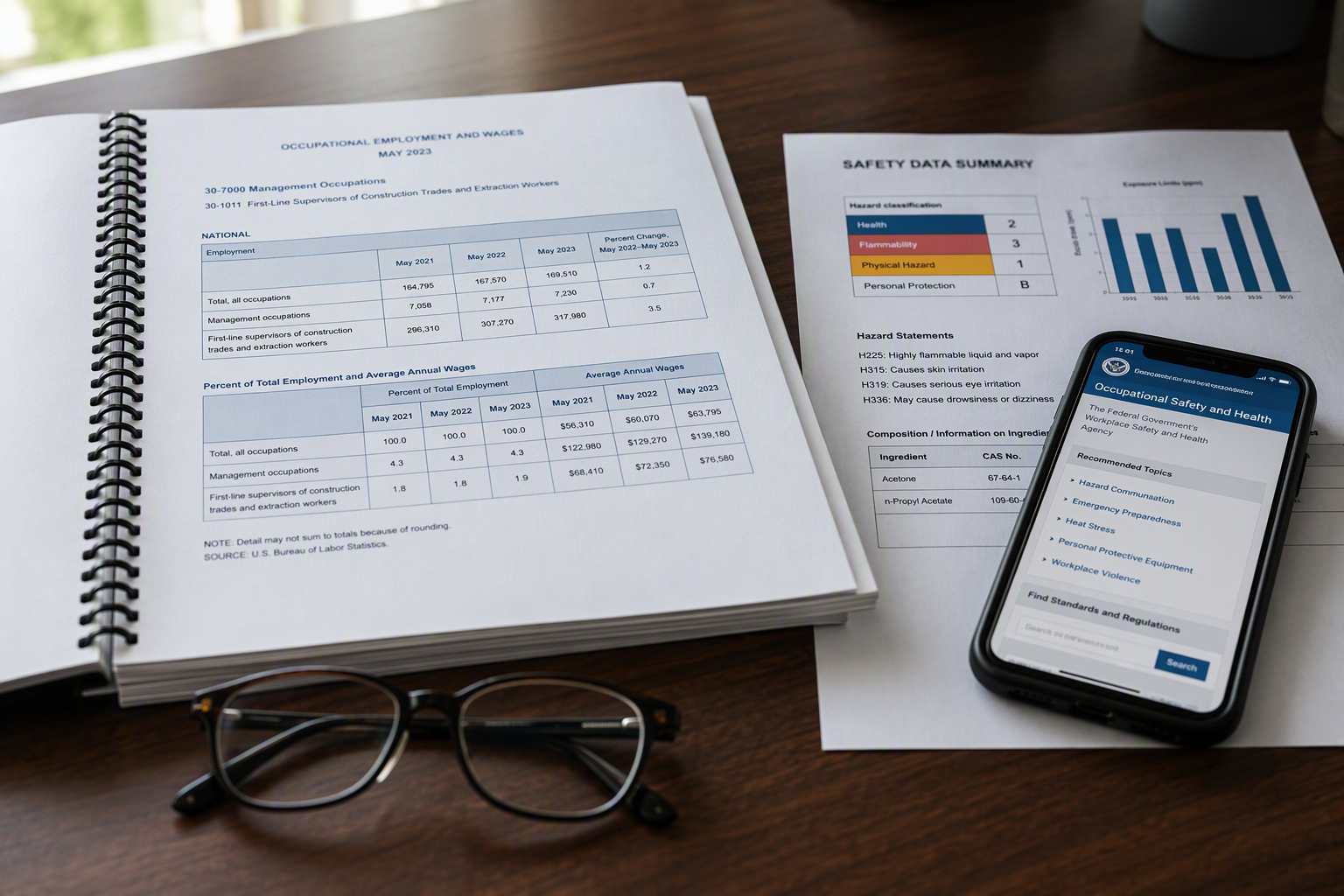 Primary Sources for Elevator Safety and Workforce Data Printed BLS and CPSC elevator safety statistics reports spread on a desk alongside a smartphone showing federal agency data sources