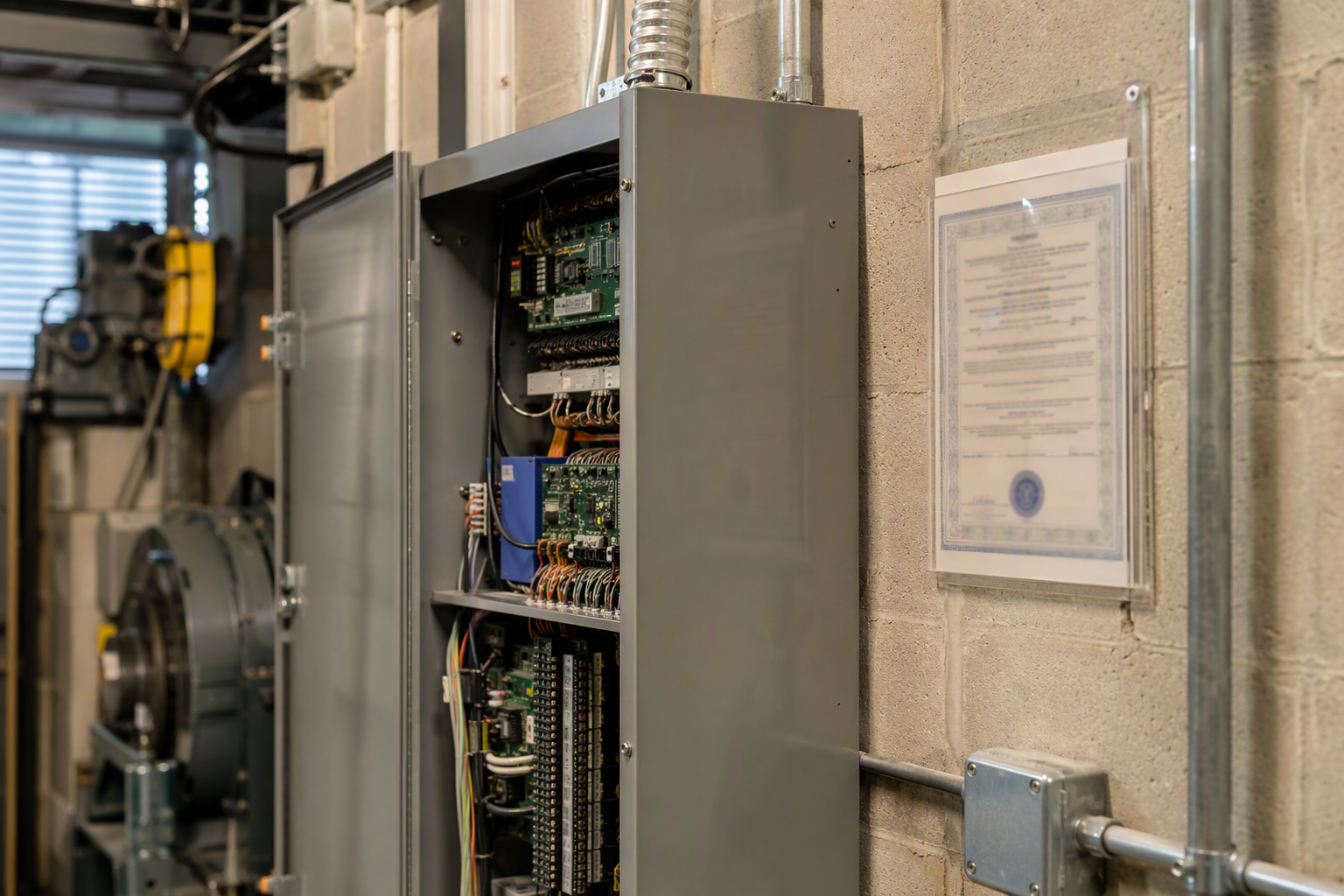 Elevator machine room controller cabinet in a Washington DC building with a posted Certificate of Inspection required under DC elevator inspection requirements.