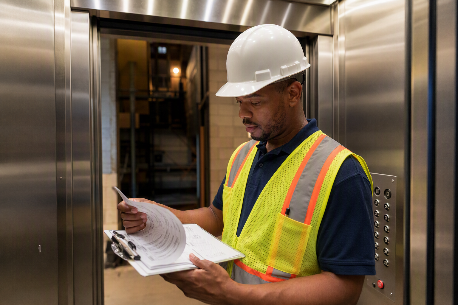 Licensed elevator inspector reviewing inspection documentation inside a commercial elevator cab in Washington DC during a mandatory periodic inspection.