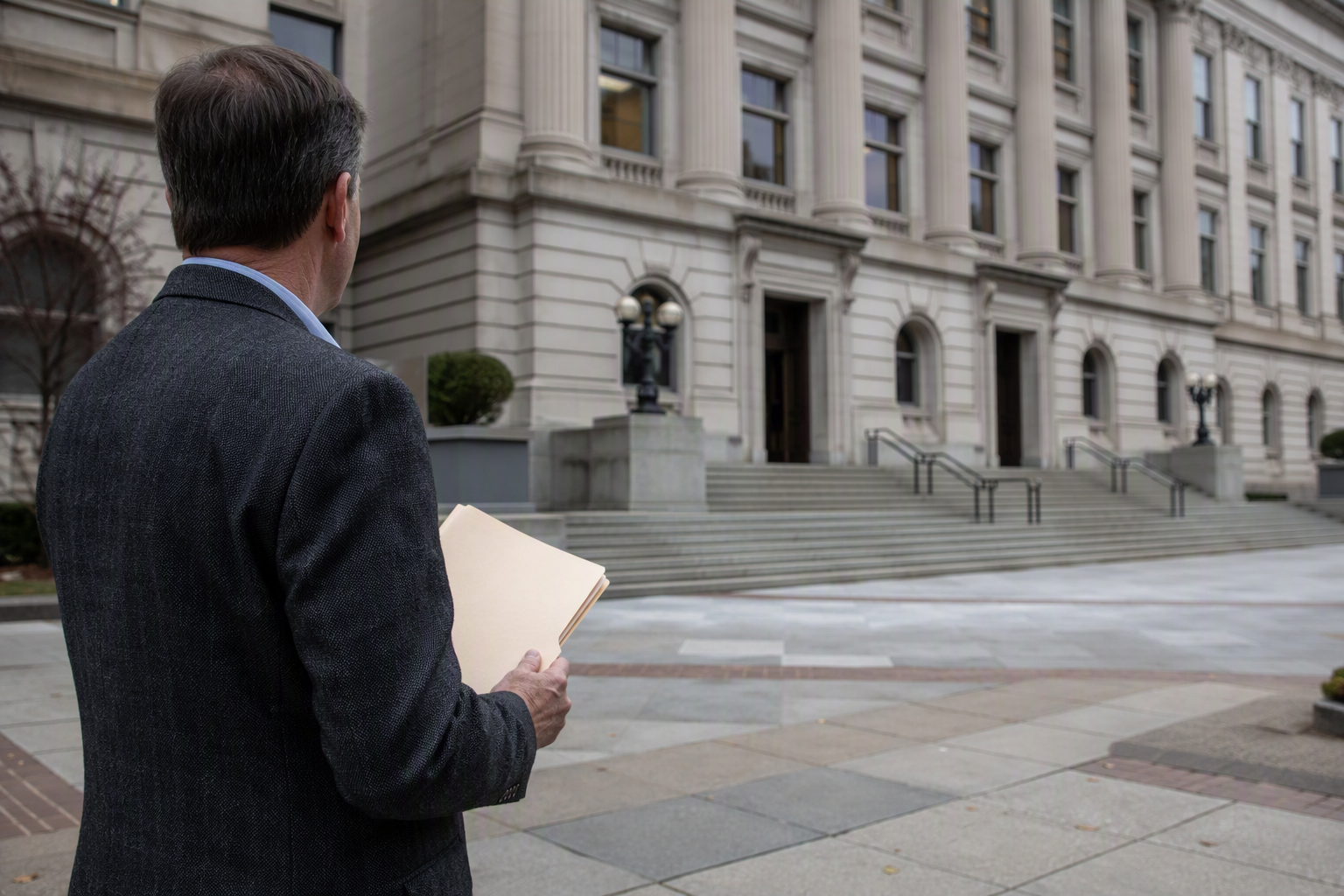 Building manager holding compliance documents outside a Washington DC government office that oversees elevator inspection requirements in DC.