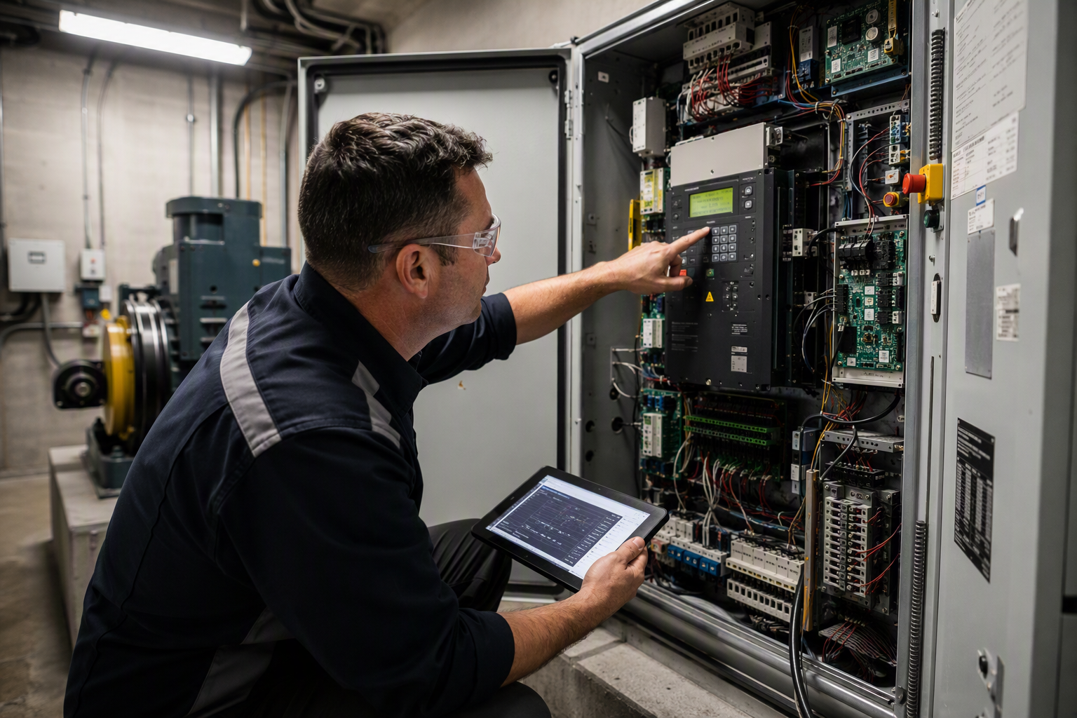 Elevator Mechanic Diagnosing Controller Fault During Out-of-Service Call Licensed elevator mechanic diagnosing fault codes on a commercial elevator controller panel in a machine room during an out-of-service repair call