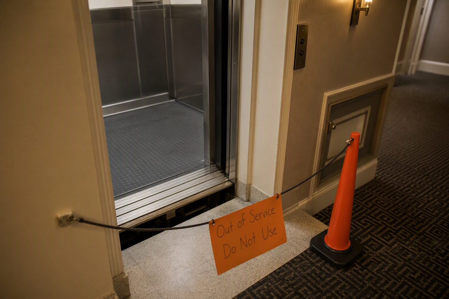 Misleveled Elevator Cab Illustrating Why Forcing Doors Is Dangerous Misleveled elevator cab stopped below the landing threshold in a Philadelphia residential building corridor, blocked by safety rope and out-of-service signage