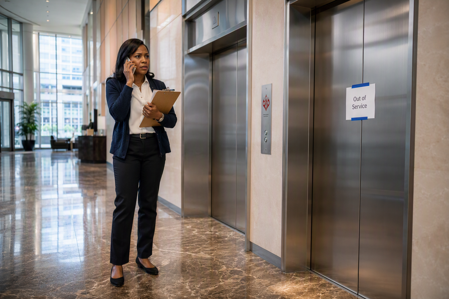 Contacting Elevator Service When Elevator Is Out of Service Property manager calling elevator maintenance contractor in a Washington DC office building lobby with an out-of-service elevator door sign visible