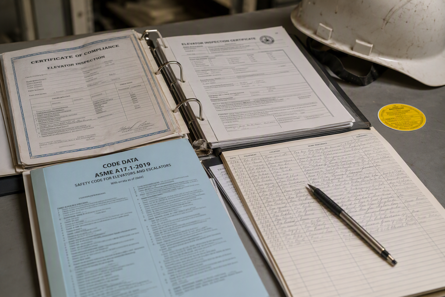 Hospital Elevator Compliance Documentation Close-up of elevator inspection certificates and ASME A17.1 compliance documents in a hospital facilities office, representing hospital elevator code requirements