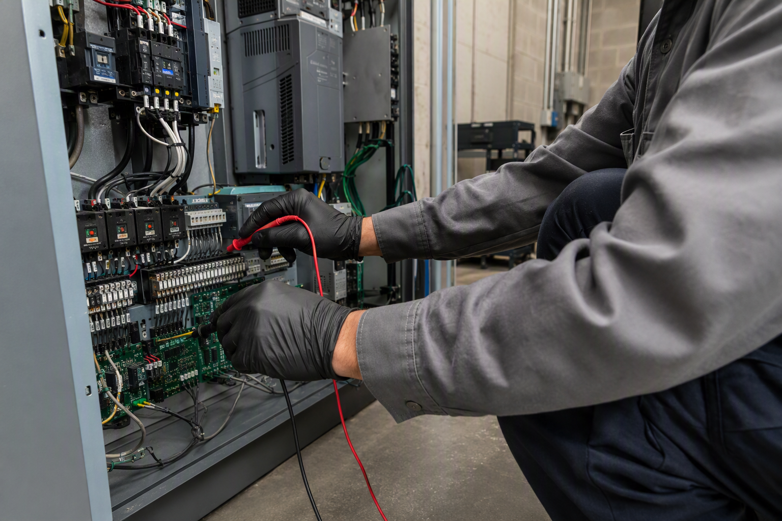 Hospital Elevator Machine-Room Maintenance Elevator service technician performing maintenance on a hospital traction elevator controller in a machine room, representing certified hospital elevator maintenance responsibility