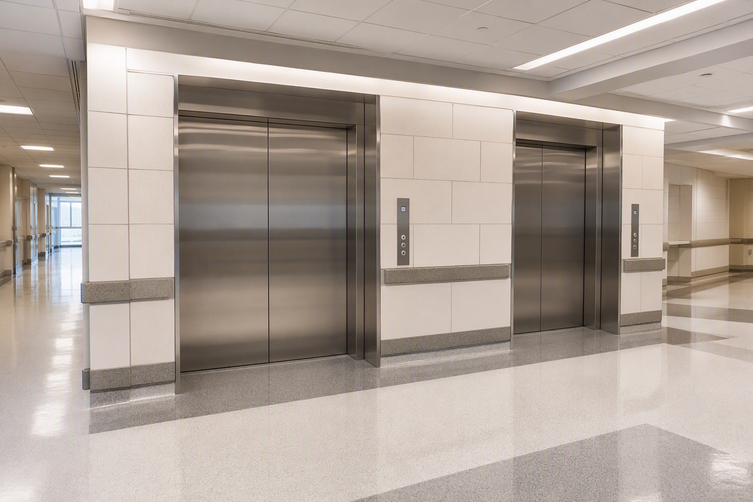 Hospital Elevator Lobby — Healthcare Vertical Transportation Wide-angle view of oversized stainless-steel hospital elevator doors with ADA-compliant call panel in a mid-Atlantic U.S. medical facility corridor