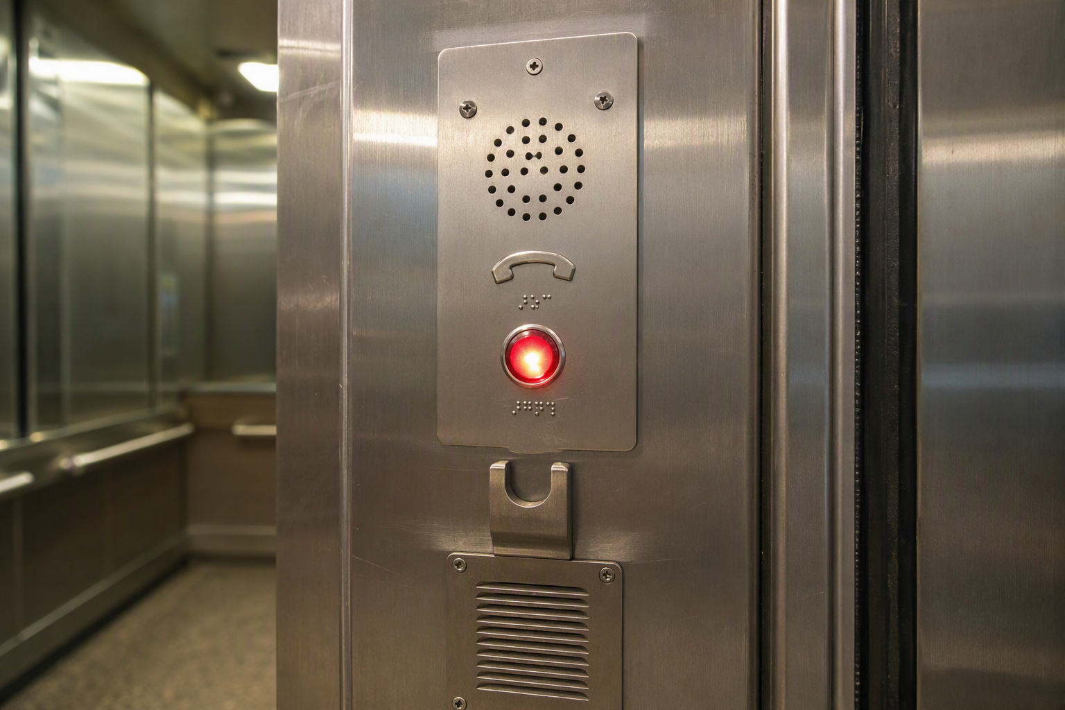Illuminated emergency intercom and alarm button inside an elevator cab, required for immediate passenger communication during an elevator breakdown