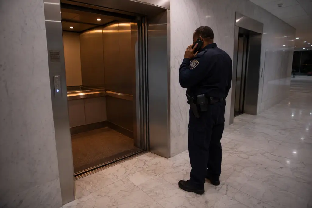 Building security officer calling for elevator breakdown immediate response in a Washington DC commercial office corridor with stalled elevator cab visible