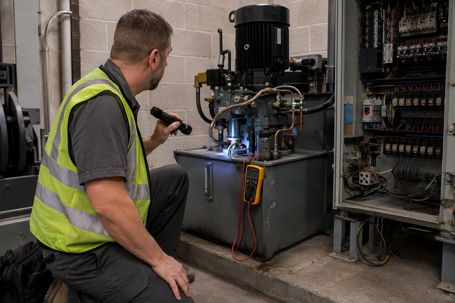Licensed elevator mechanic diagnosing hydraulic power unit in a Baltimore machine room following an elevator breakdown service call