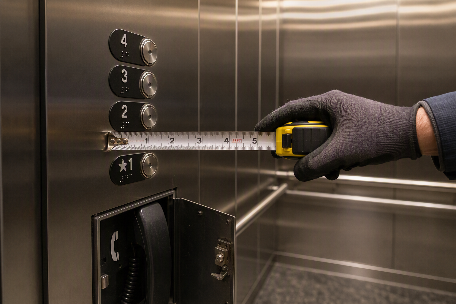 ADA Control Panel Height Verification Elevator technician measuring ADA-required control panel button heights inside a stainless steel cab to verify compliance with ADA Standards for Accessible Design