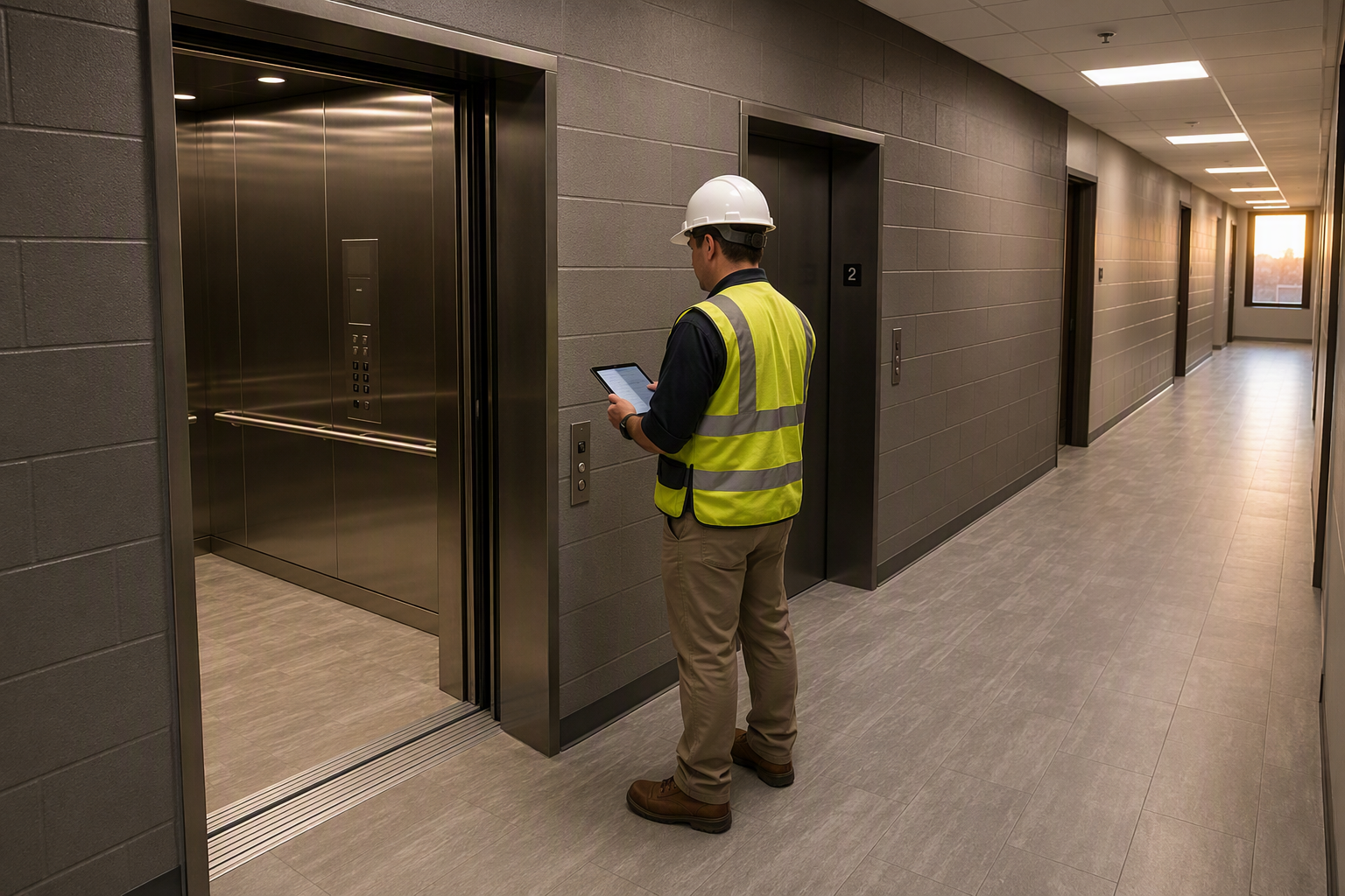 ADA Elevator Inspection — Floor Leveling and Door Width Elevator inspector logging ADA compliance findings on a tablet beside an open elevator door in a Philadelphia residential building corridor, showing flush cab-to-floor threshold leveling