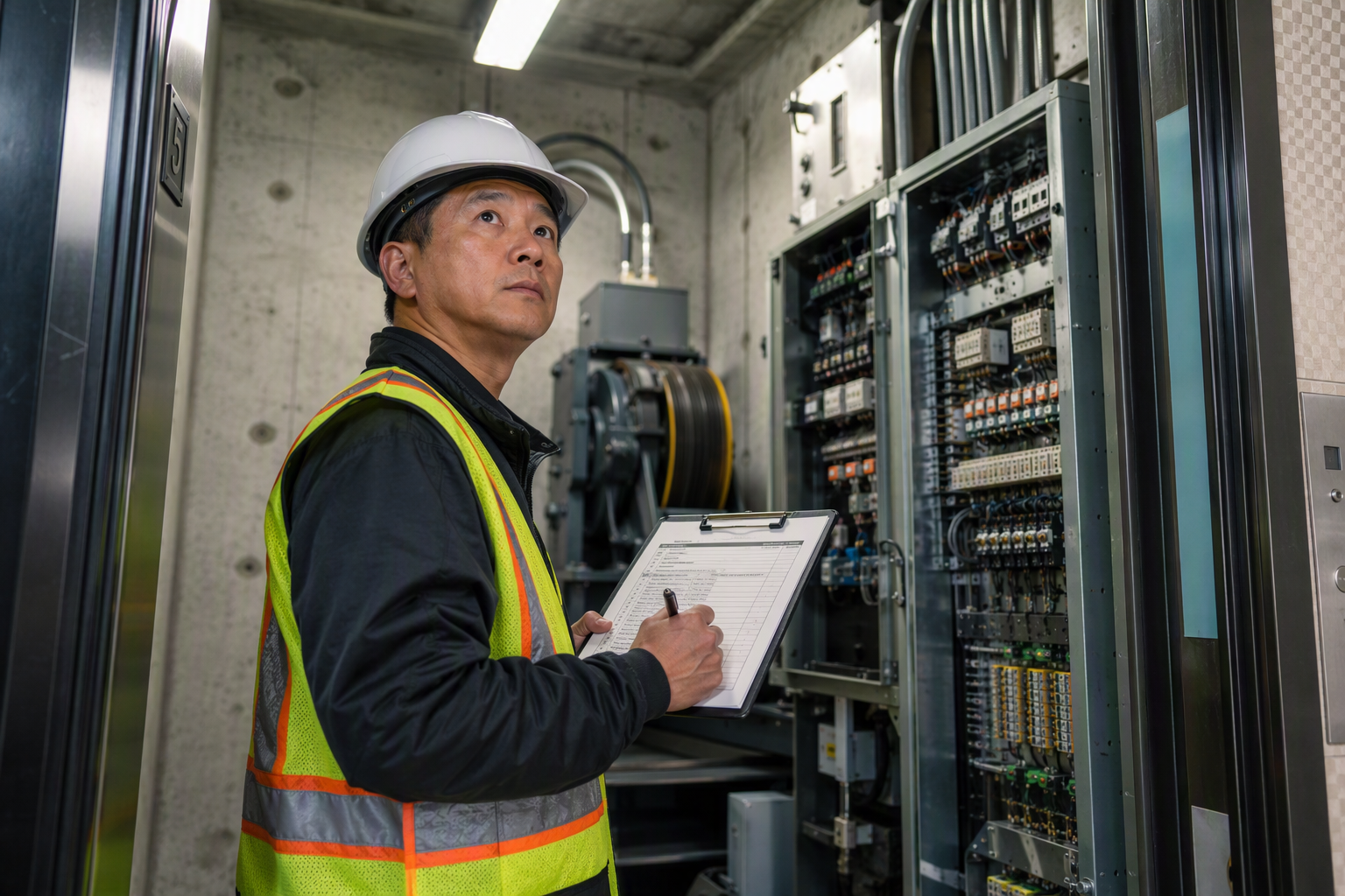 Elevator Inspector Reviewing Federal Code Compliance in Machine Room Licensed elevator inspector reviewing ASME A17.1 compliance checklist in a residential building machine room with traction elevator controller equipment visible.