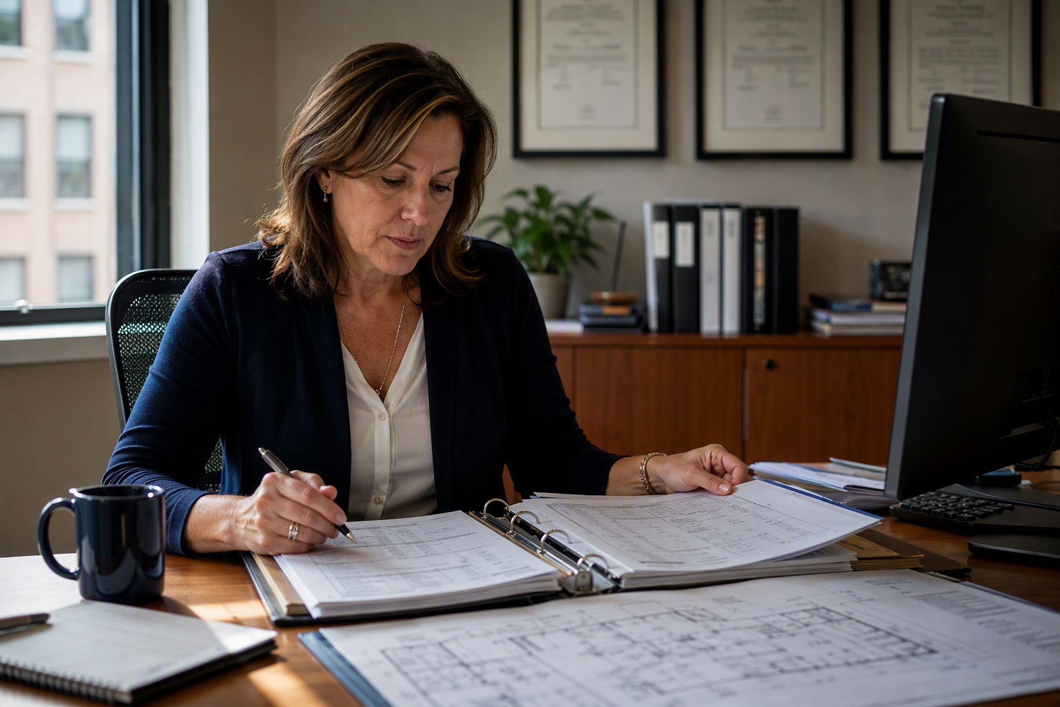 Property Manager Reviewing Elevator Maintenance and Inspection Records Property manager reviewing elevator maintenance logs and inspection schedule documents in a multifamily building management office in the Washington DC or Philadelphia area.