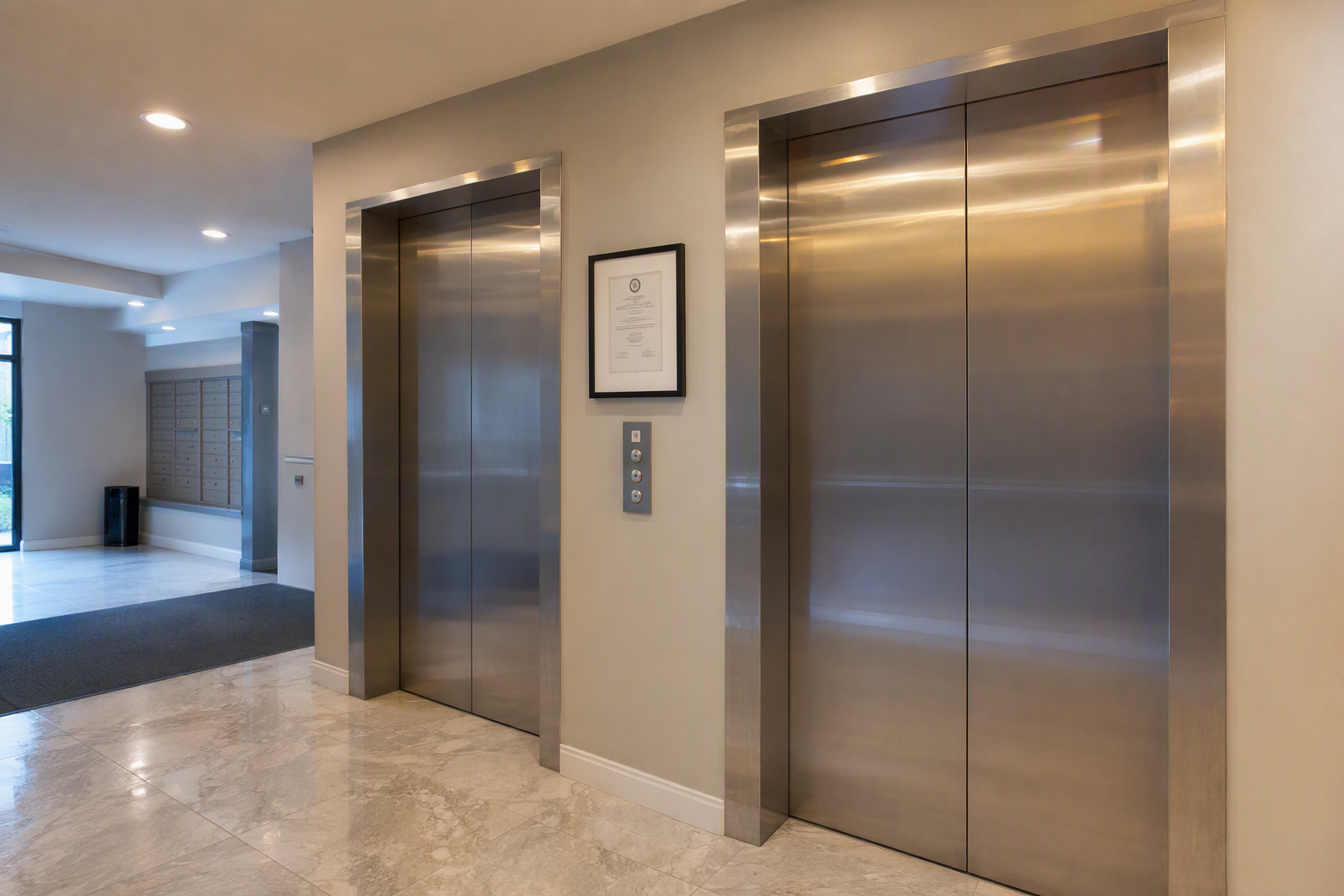 Multifamily Building Elevator Lobby with Compliance Certificate Residential apartment building elevator lobby with stainless-steel doors and a posted Certificate of Operation, illustrating multifamily elevator compliance requirements.