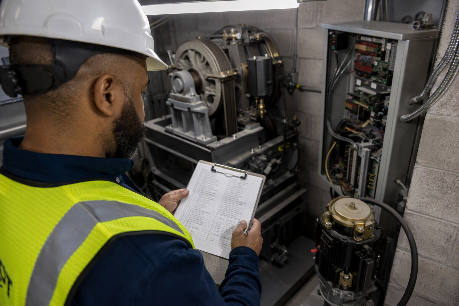 Elevator Inspector Reviewing Compliance Documentation Licensed elevator inspector reviewing inspection checklist in apartment building machine room for ASME A17.1 periodic inspection compliance