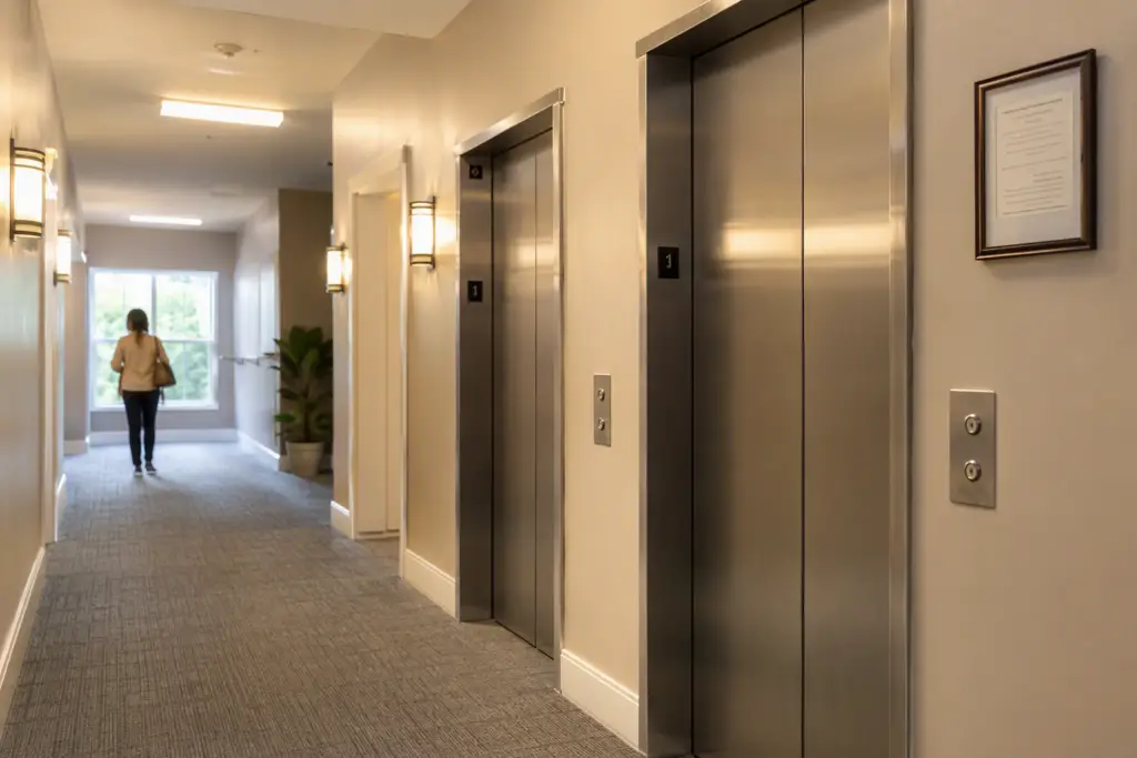 Apartment building elevator lobby with stainless-steel doors and posted inspection certificate, illustrating multifamily elevator compliance requirements