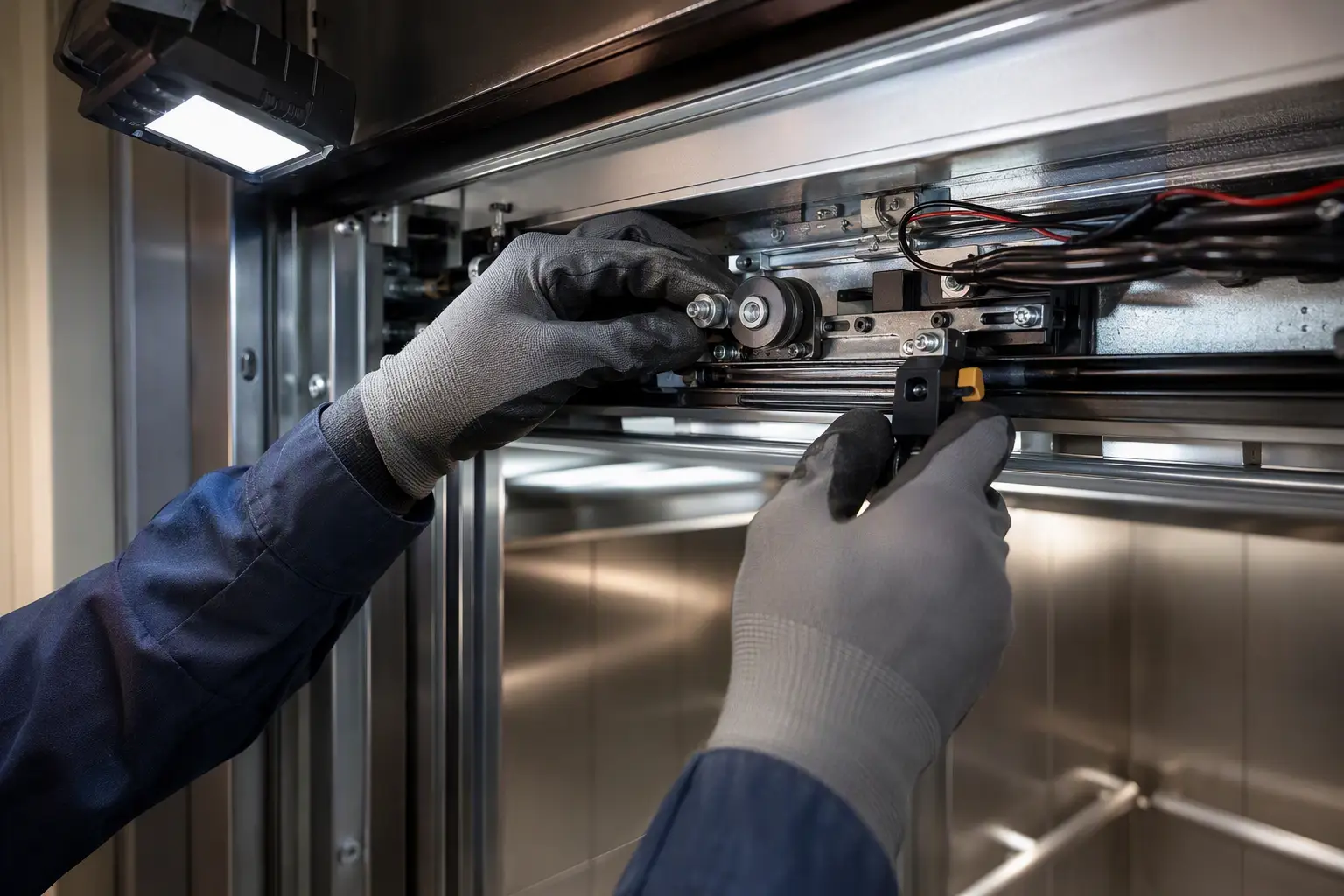 Preventive Maintenance on Elevator Door Operator Elevator technician performing preventive maintenance on door operator mechanism inside multifamily apartment building elevator cab