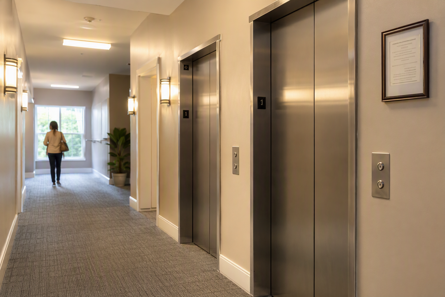 Multifamily Elevator Compliance Lobby Apartment building elevator lobby with stainless-steel doors and posted inspection certificate, illustrating multifamily elevator compliance requirements