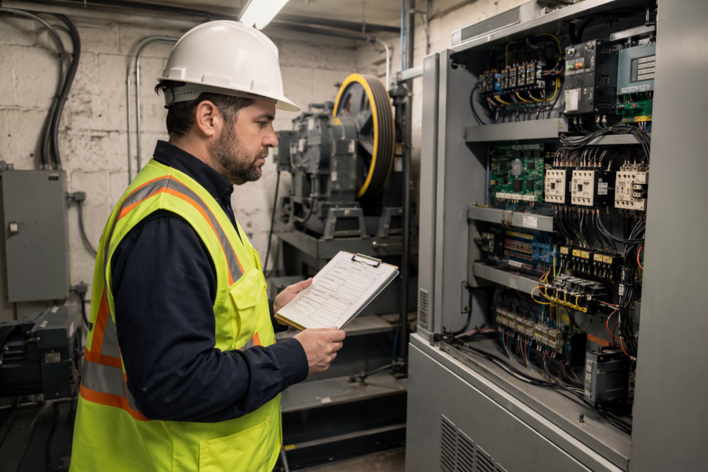 Licensed elevator inspector reviewing a traction elevator controller in a Washington DC commercial building machine room during a mandatory annual elevator inspection