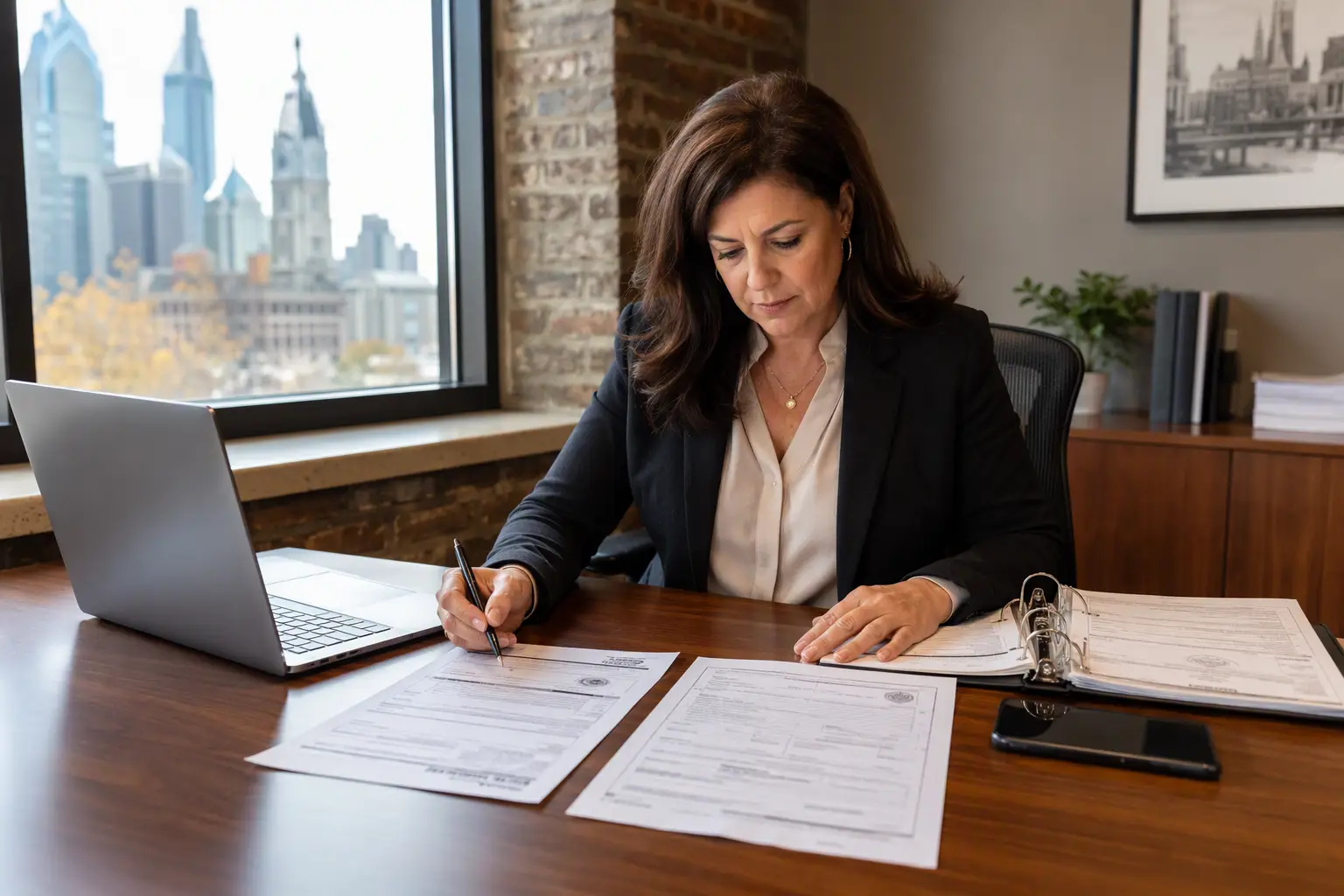 Philadelphia building facilities manager reviewing elevator inspection certificate and failed inspection violation notice at her office desk, planning corrective action for reinspection