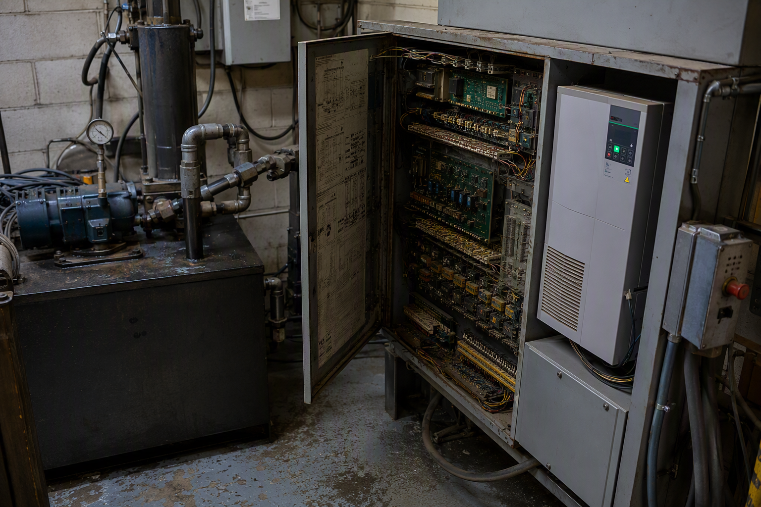 Elevator Machine Room: Aging Controller and Hydraulic Components Aging relay-logic elevator controller and hydraulic power unit in a Philadelphia machine room, showing wear factors that affect commercial elevator service life