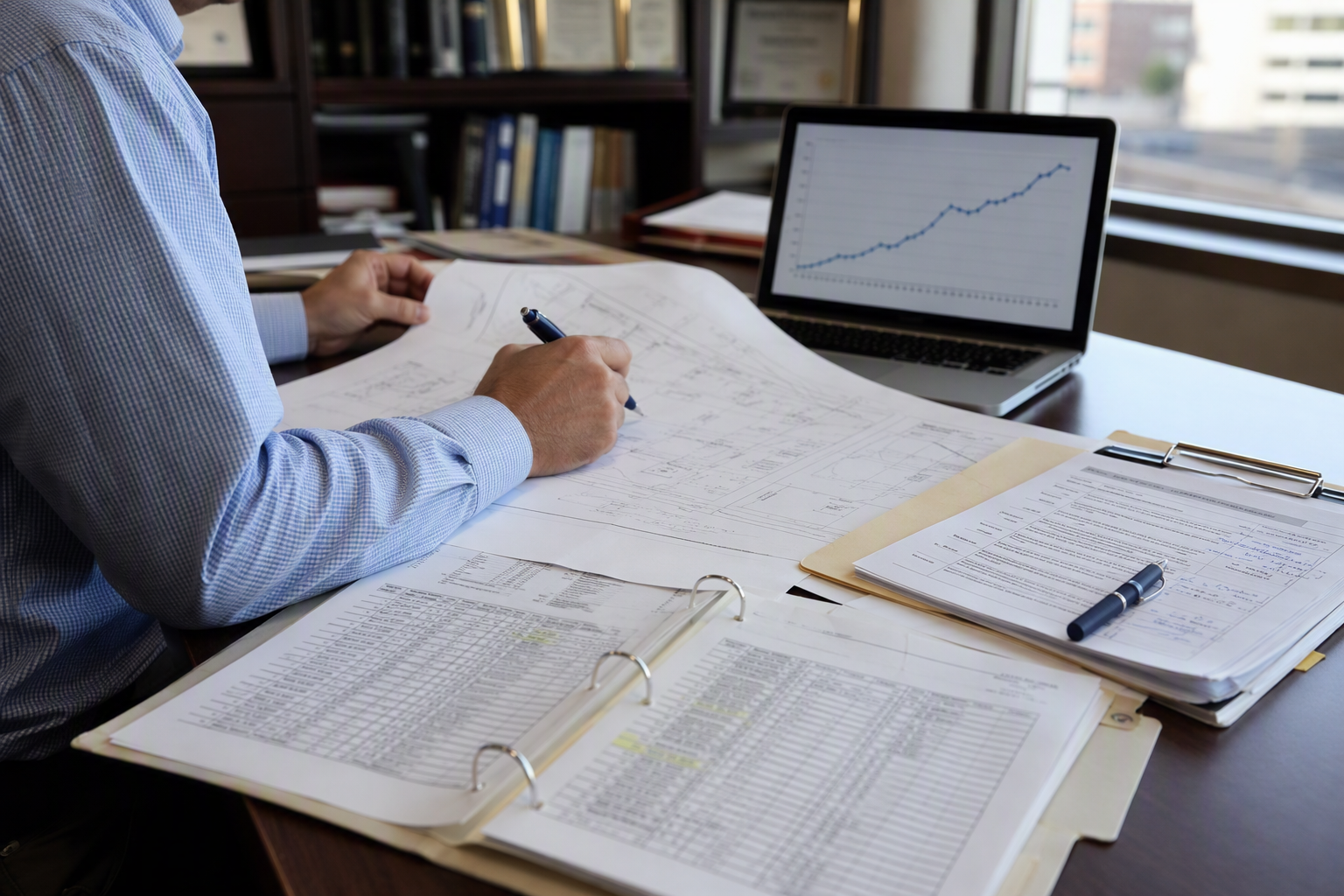 Evaluating Elevator Replacement: Cost and Compliance Review Building manager reviewing elevator repair cost records and ASME compliance checklists to determine commercial elevator replacement timing