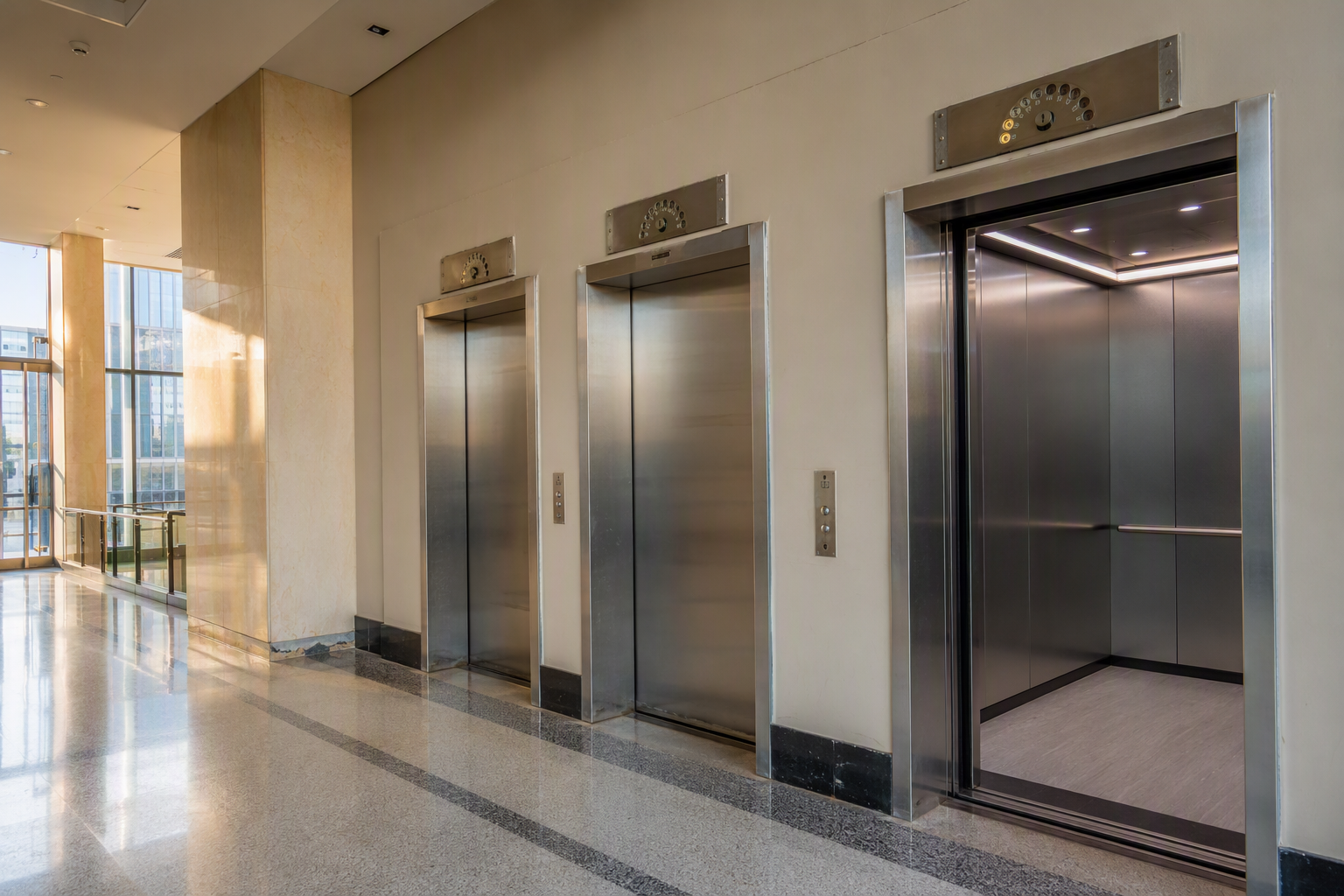 Commercial Elevator Lifespan: Aging vs. Modernized Cab Aging commercial elevator bank in a Washington DC office lobby beside a modernized cab, illustrating the 20–25 year commercial elevator lifespan and replacement decision