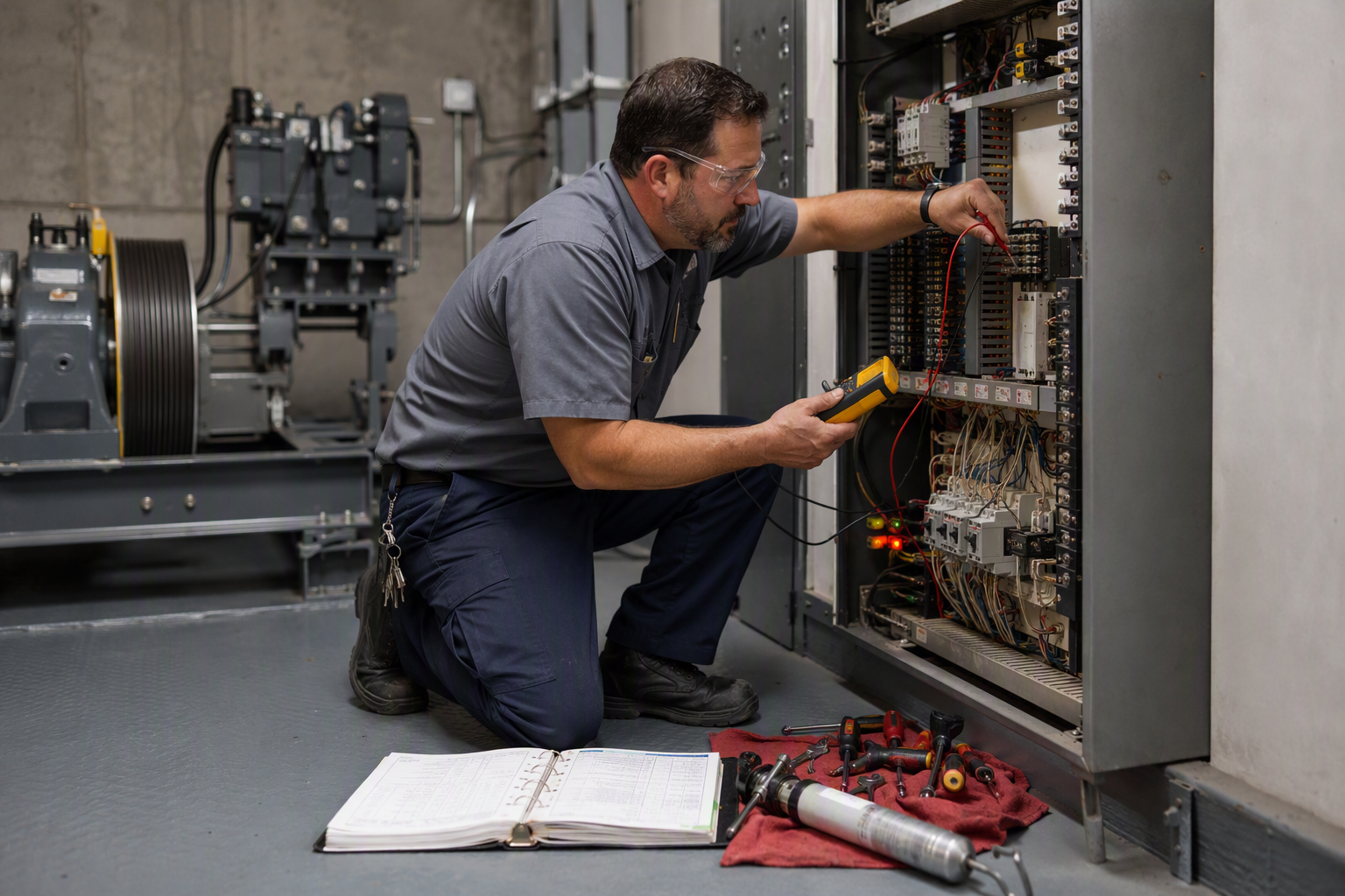 Elevator mechanic testing controller terminals with a multimeter during a preventive maintenance visit inside a Baltimore commercial building machine room