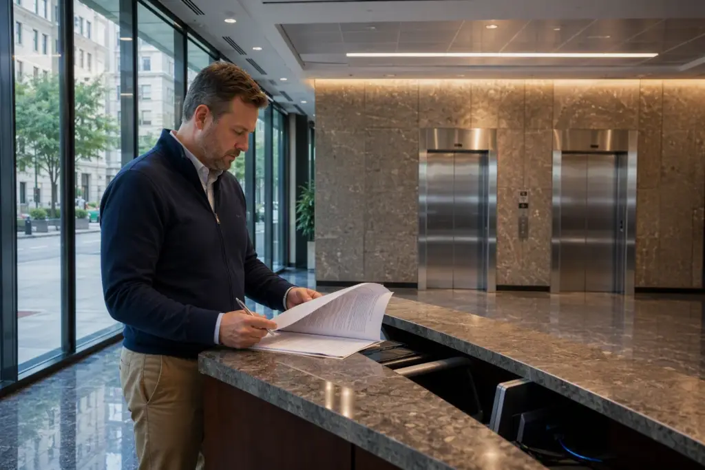 Building manager reviewing a commercial elevator maintenance contract in a Washington DC office lobby with stainless-steel elevator doors visible in background