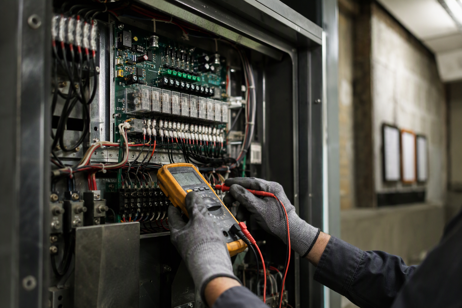 Elevator mechanic inspecting a commercial elevator controller cabinet during a scheduled maintenance contract visit, a key cost component of annual elevator service agreements.