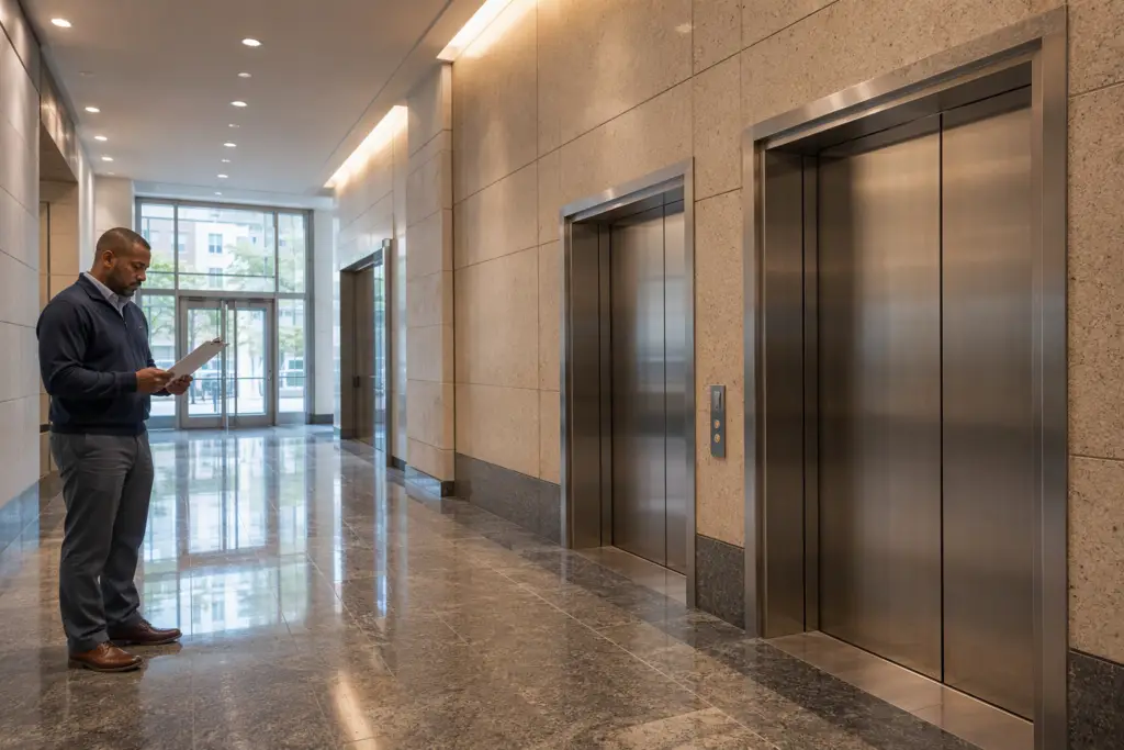 Commercial elevator lobby in a Washington DC office building where a building manager reviews an annual elevator maintenance contract, illustrating the cost planning process.