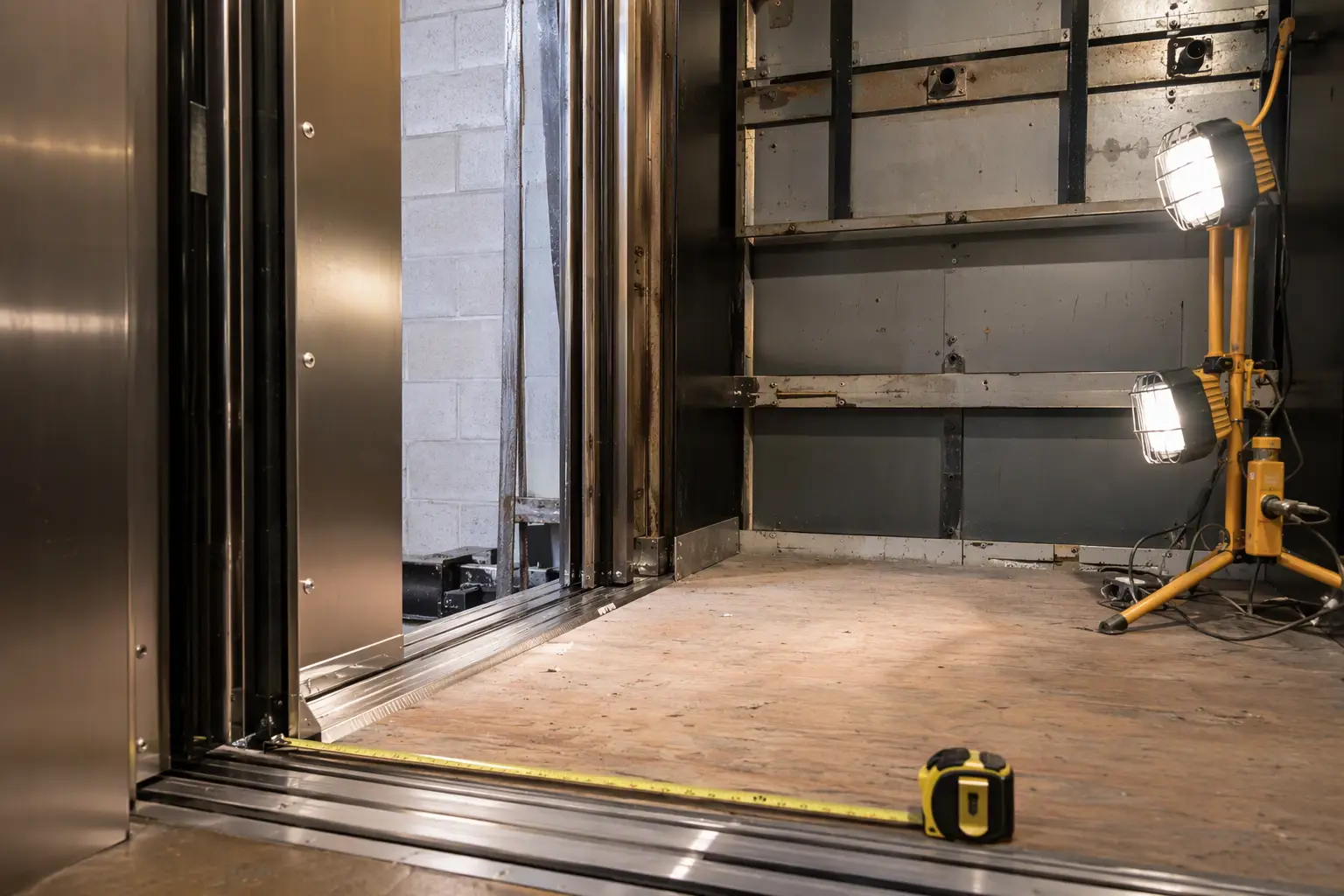 Hydraulic Elevator Cab Modernization in Progress Commercial elevator cab mid-modernization in a Philadelphia building showing stripped interior panels and new door hardware, illustrating how elevator age and condition drive annual maintenance and up